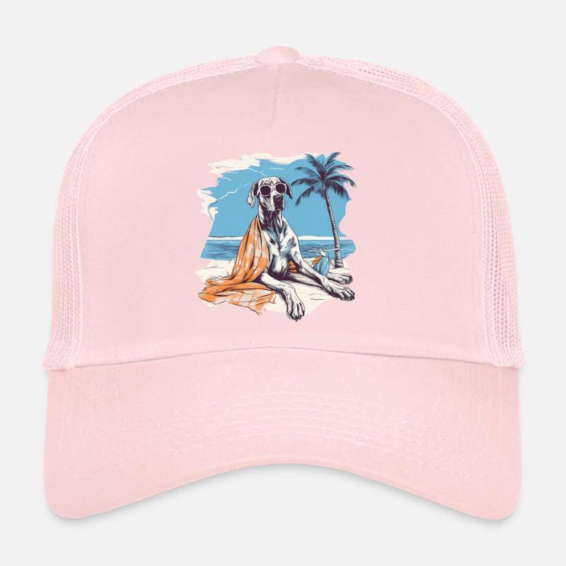 Dogue allemand avec des lunettes de soleil à la plage Casquette trucker 