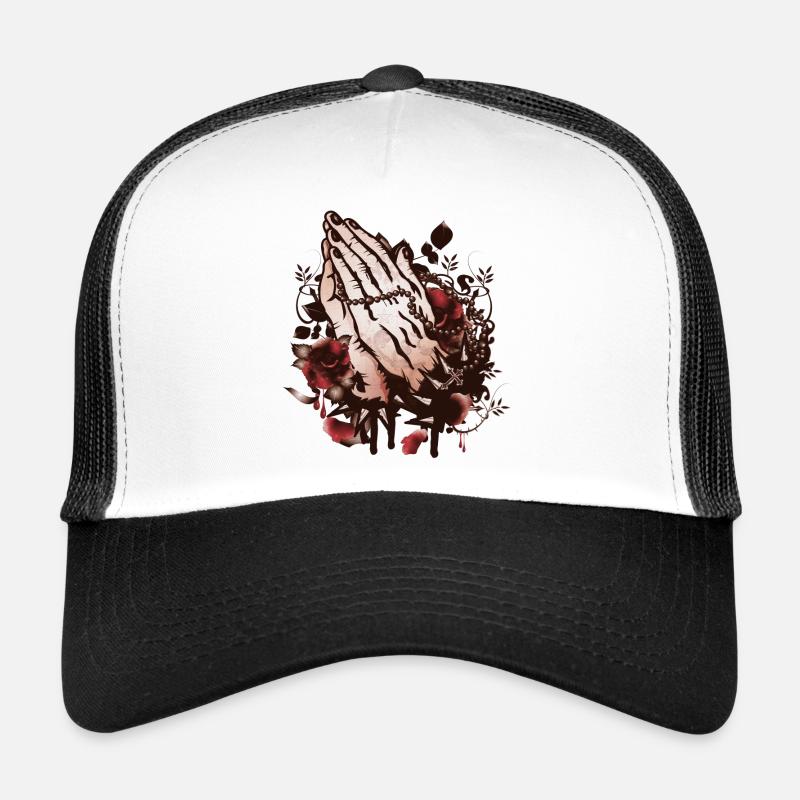 deux mains priant avec le chapelet et les roses - Casquette trucker - blanc/noir