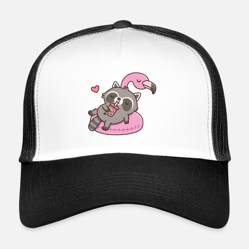 Cute Raccoon Chilling On Flamingo Pool Float Trucker Cap