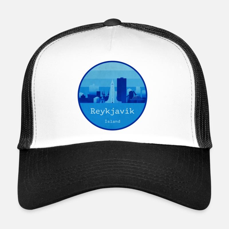 Reykjavík Skyline Blau Rundlogo - Trucker Cap - Weiß/Schwarz