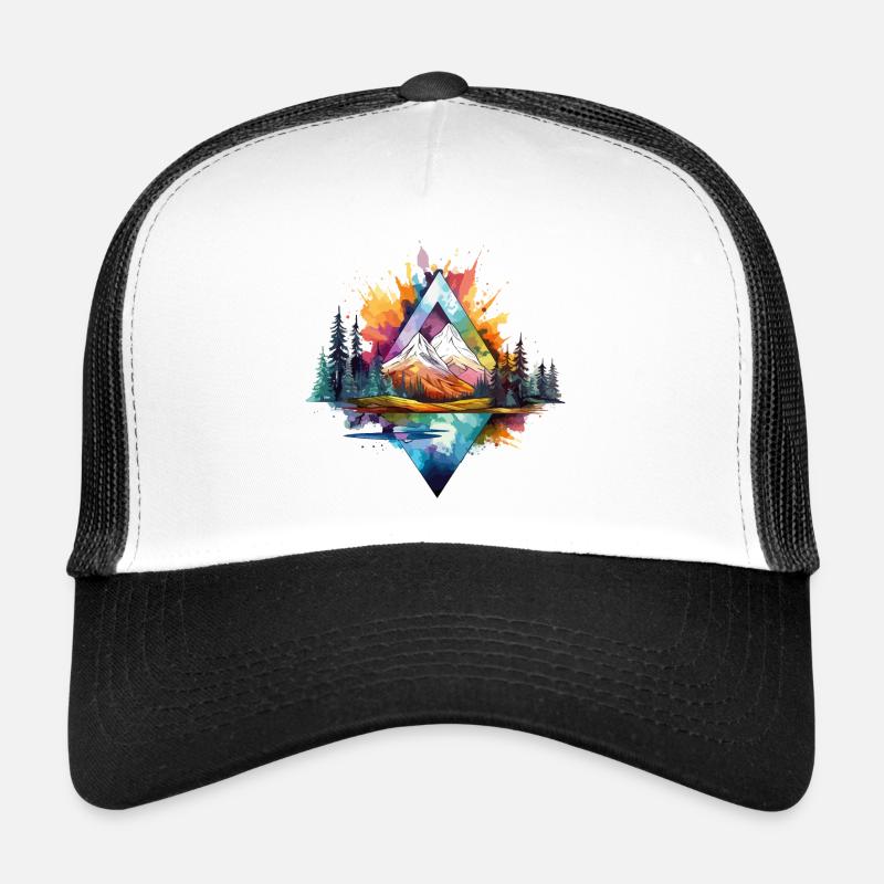 Natur Berge Wald Geometrisch Kunst Bunt Splash - Trucker Cap - Weiß/Schwarz