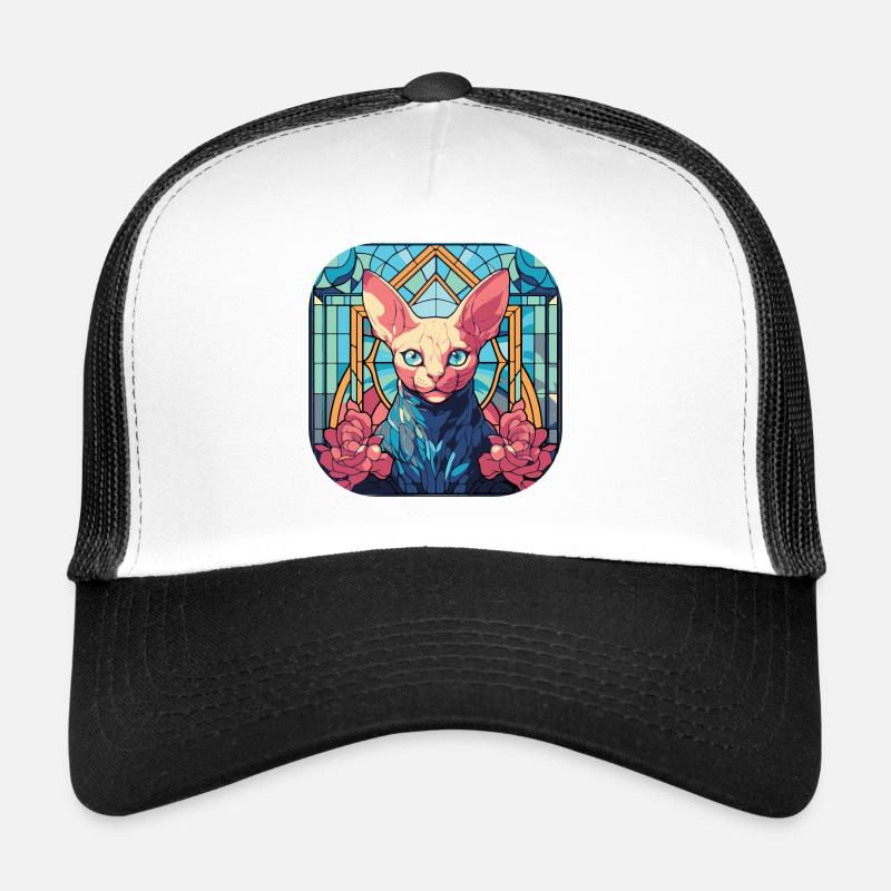 Buntes Aquarellgemälde der Sphynx-Katzenrasse - Trucker Cap - Weiß/Schwarz