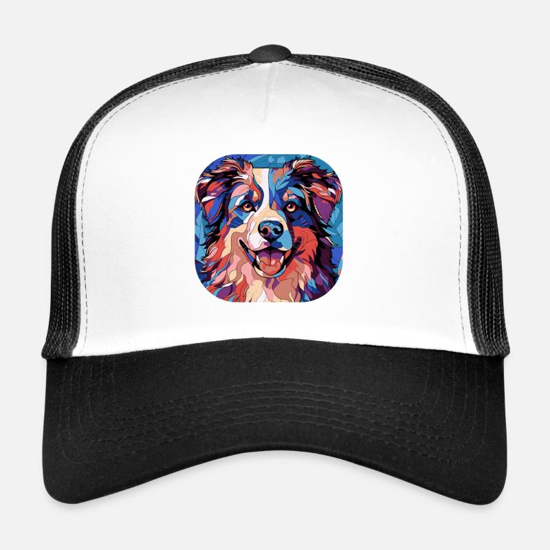 Buntes Aquarell der australischen Schäferhundrasse - Trucker Cap - Weiß/Schwarz