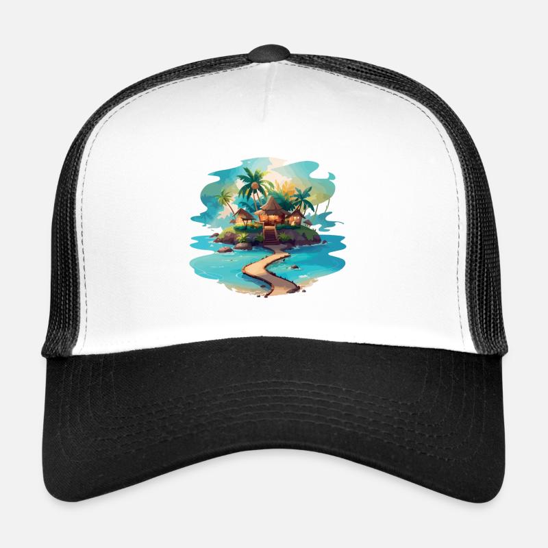 Île tropicale avec des cabanes confortables Casquette trucker 