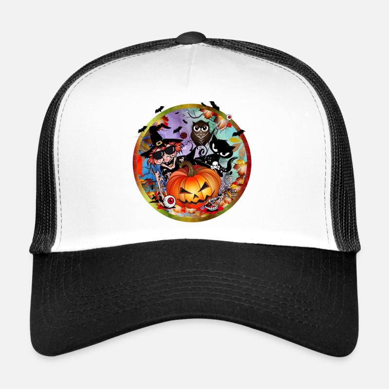Halloween Pumpkin with Witch, Cat, Bat & Owl - Trucker Cap - white/black