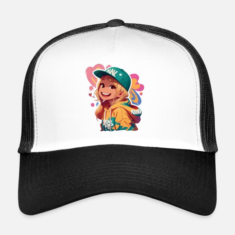 Amerikanisches Mädchen lächelt im Kapuzenpullover Trucker Cap