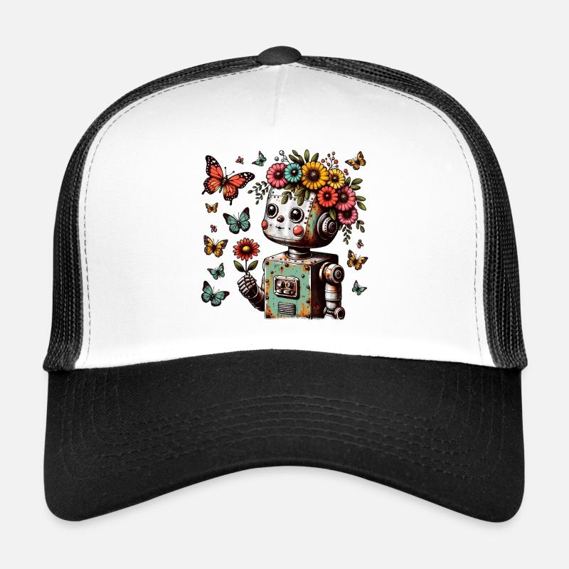 Enfant robot avec des fleurs, mignon, vintage Casquette trucker 