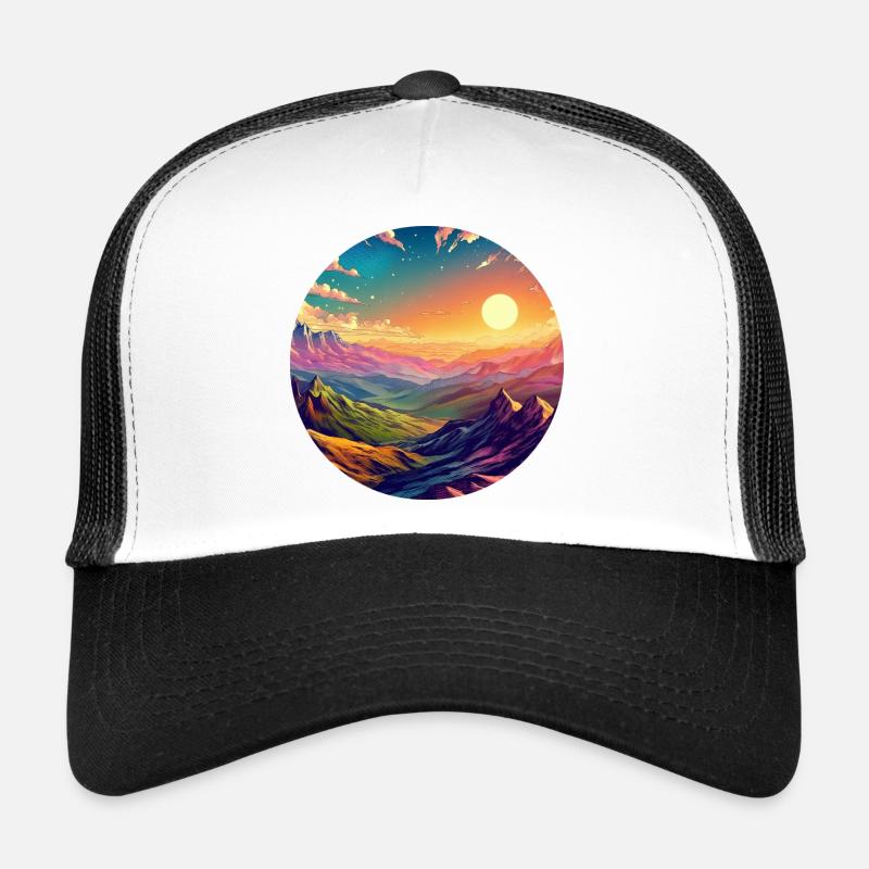 Landschaft farbenfroh episch Sonnenuntergang Comic - Trucker Cap - Weiß/Schwarz