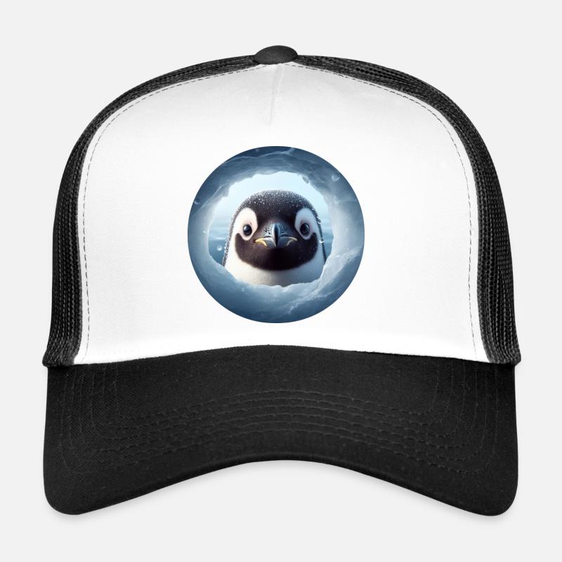 Penguin looking through snow hole Trucker Cap