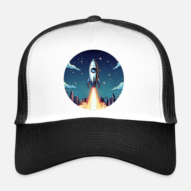 Rakete Start ins All vor Nachthimmel im Comic Stil Trucker Cap