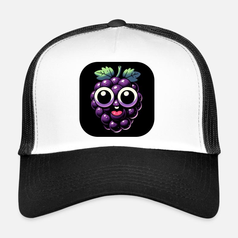 Traube lila mit Augen und Mund im Comic Stil - Trucker Cap - Weiß/Schwarz