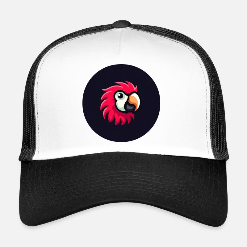 Cute parrot in comic style in red Trucker Cap