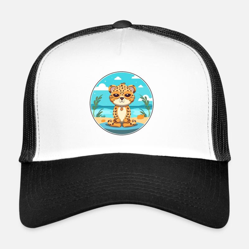 Leopard Cartoon Yoga Beach Summer Illustration Trucker Cap