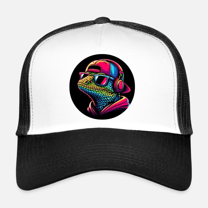 Gecko Salamander als Rapper mit Cap und Kopfhörer - Trucker Cap - Weiß/Schwarz