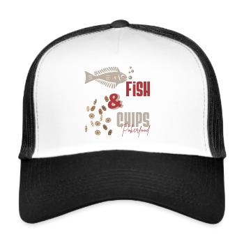 Poker - POKER FISH AND CHIPS Poker Essen - Poker spielen - Trucker Cap - Weiß/Schwarz - Vorne