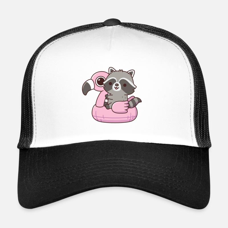 Cute Raccoon On Pink Flamingo Pool Float Trucker Cap
