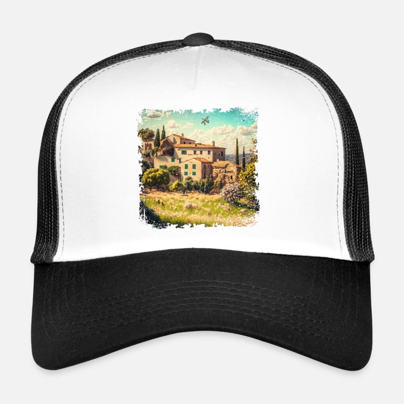 sonnige mediterrane Landschaft mit alten Häusern Trucker Cap