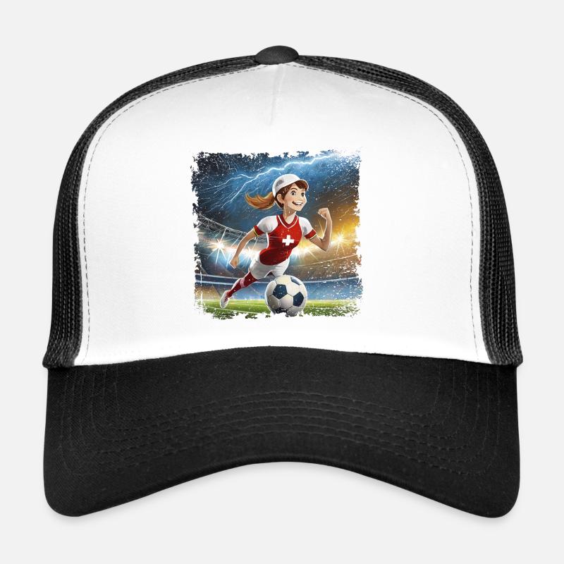 Fussballerin Comicfigur Stadion mit Blitzen Trucker Cap
