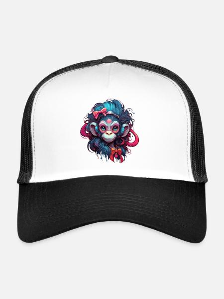 Singe mignon / Fille de singe / Mignon / noeud de cheveux - Casquette trucker  - blanc/noir - Devant