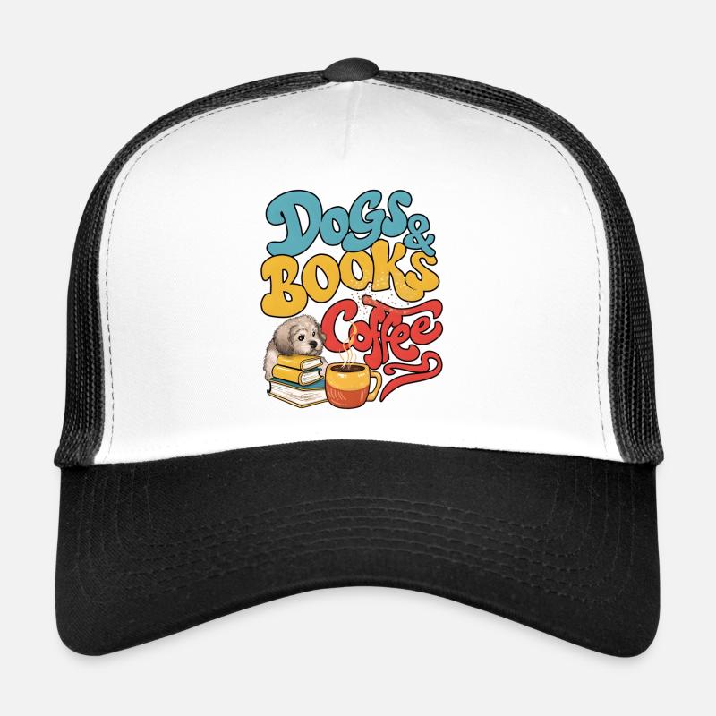 Hund und Bücher mit Kaffee - Trucker Cap - Weiß/Schwarz