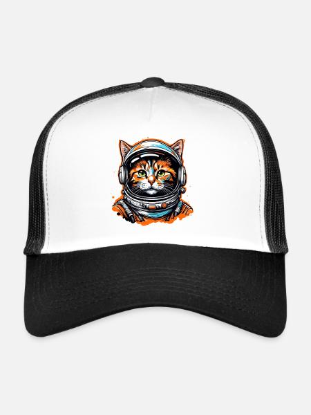 Astronaute / Espace / Animal / Chat / Vaisseau spatial - Casquette trucker  - blanc/noir - Devant