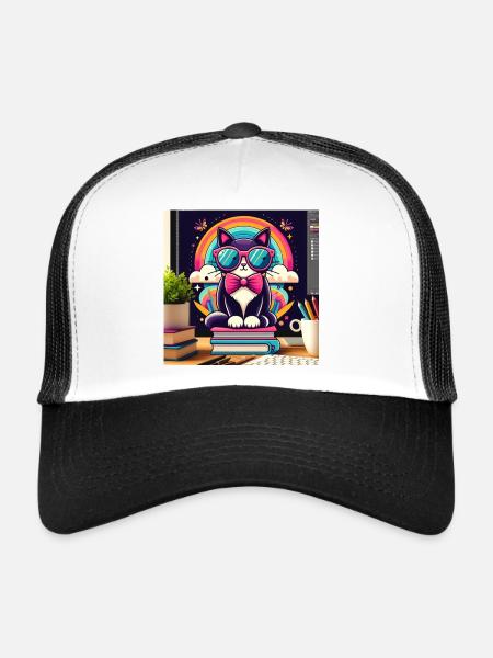 Chat studieux à lunettes - Casquette trucker  - blanc/noir - Devant