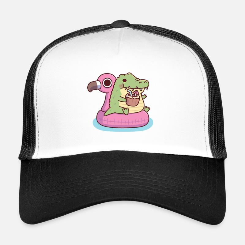 Cute Chubby Crocodile Chilling On Flamingo Float Trucker Cap