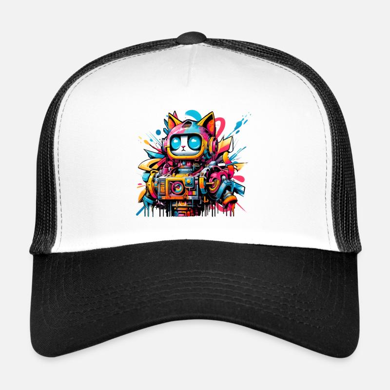 Chat conçu comme un robot dans le style graffiti de la bande dessinée Casquette trucker 
