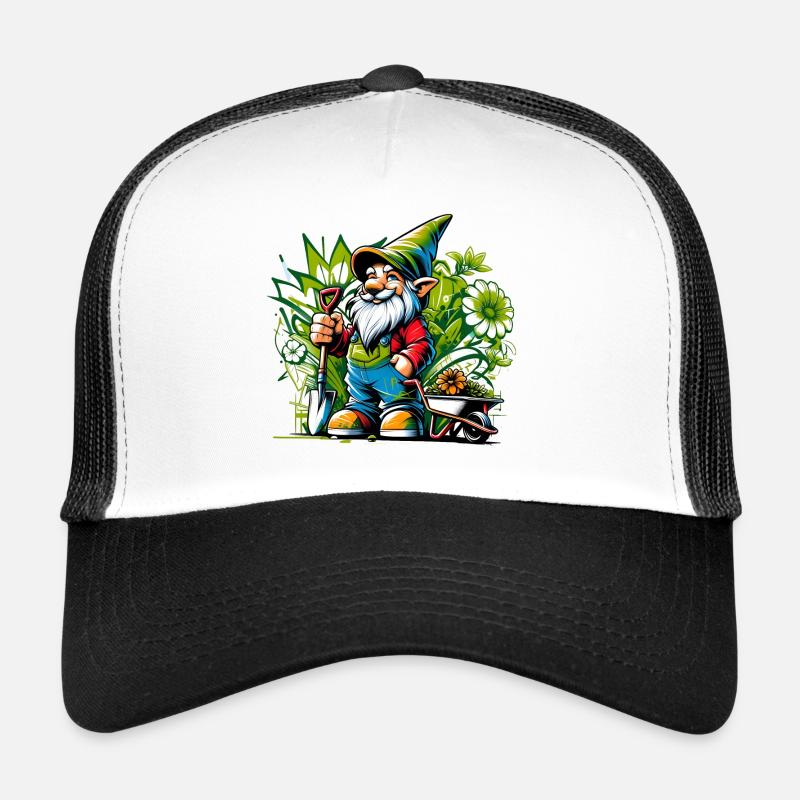 Bunter, lebendiger Gartenzwerg umgeben von Blumen Trucker Cap