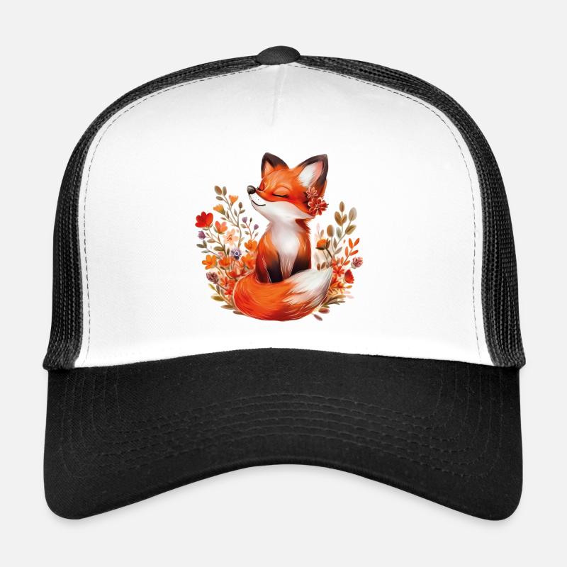 Fuchs mit Blumen - Trucker Cap - Weiß/Schwarz