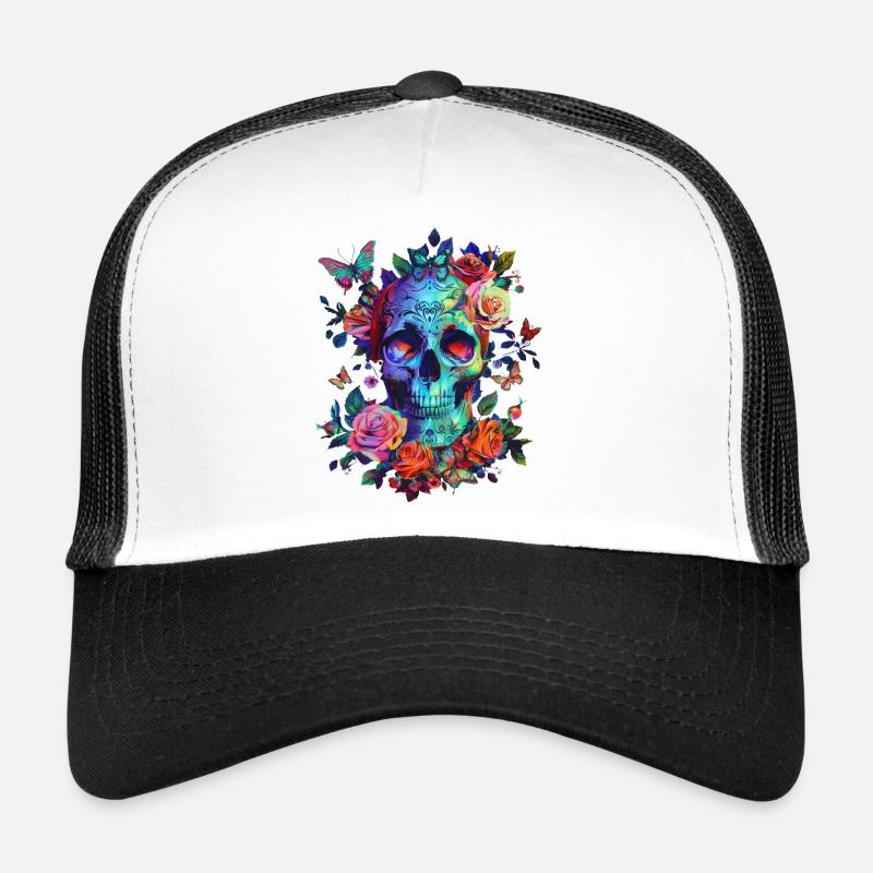 Totenkopf mit Blumen und Schmetterling Trucker Cap