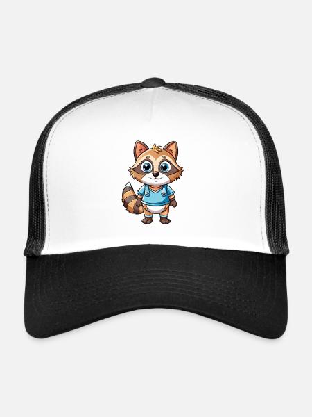 raton laveur mignon personnage de dessin animé Kawaii Clipart - Casquette trucker  - blanc/noir - Devant