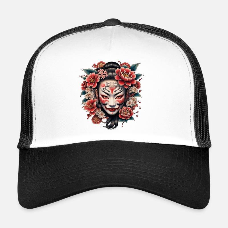 Japanese mask decorated with flowers. Trucker Cap