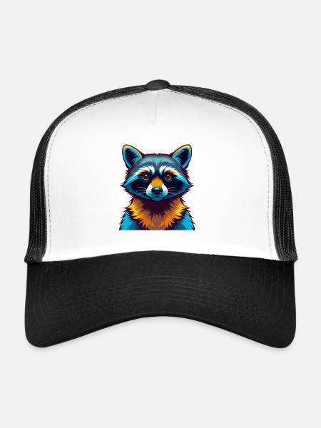 raton laveur coloré Kawaii dessin animé Personnage Clipart - Casquette trucker  - blanc/noir - Devant