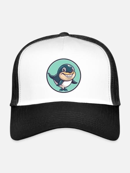 baleine kawaii dessin animé personnage animal visage d’animal - Casquette trucker  - blanc/noir - Devant