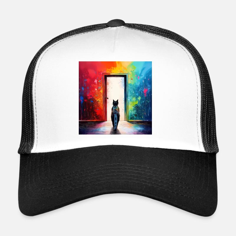 Un chat devant une porte vitrée - Casquette trucker  - blanc/noir
