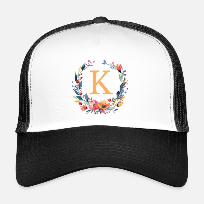 K Monogram, Flower Wreath, Personalizable Trucker Cap