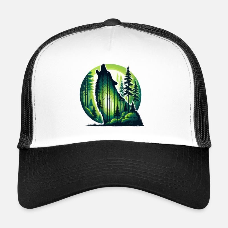 Silhouette heulender Wolf mit grünem Wald Trucker Cap