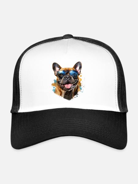 Frenchie avec lunettes de soleil - Casquette trucker  - blanc/noir - Devant