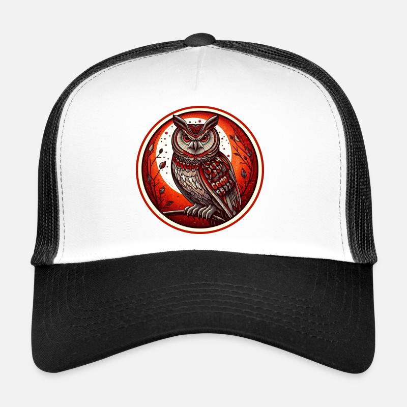 Roter Eulenkreis Emblem - Eule - Nachtvogel - Trucker Cap - Weiß/Schwarz