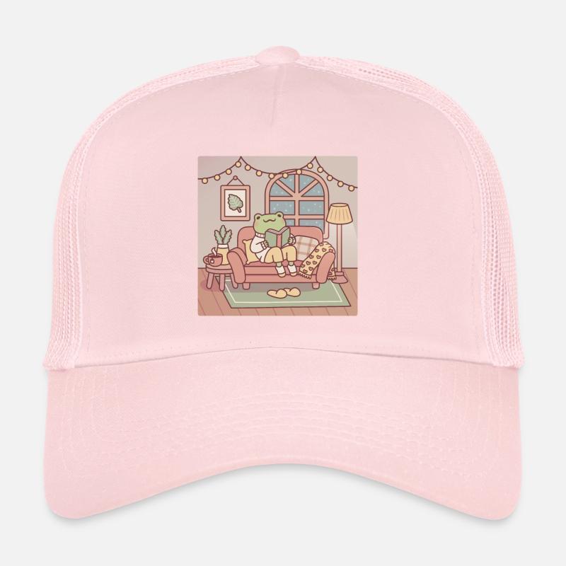 Cute Frog Reading A Book In Cozy Room Trucker Cap