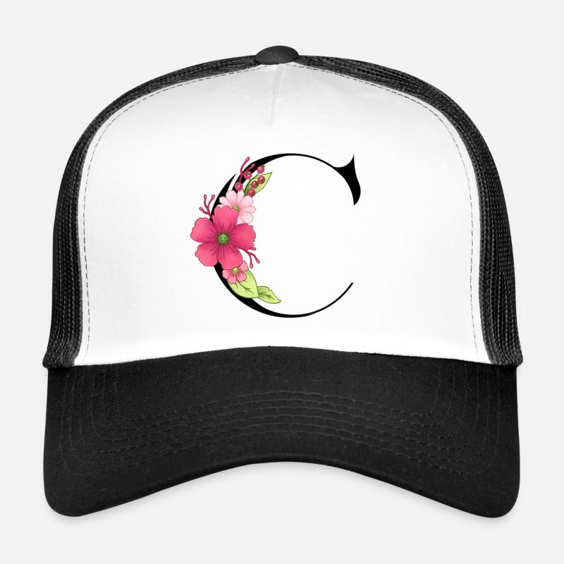 Eleganter Buchstabe 'C' mit Blumen - Trucker Cap - Weiß/Schwarz