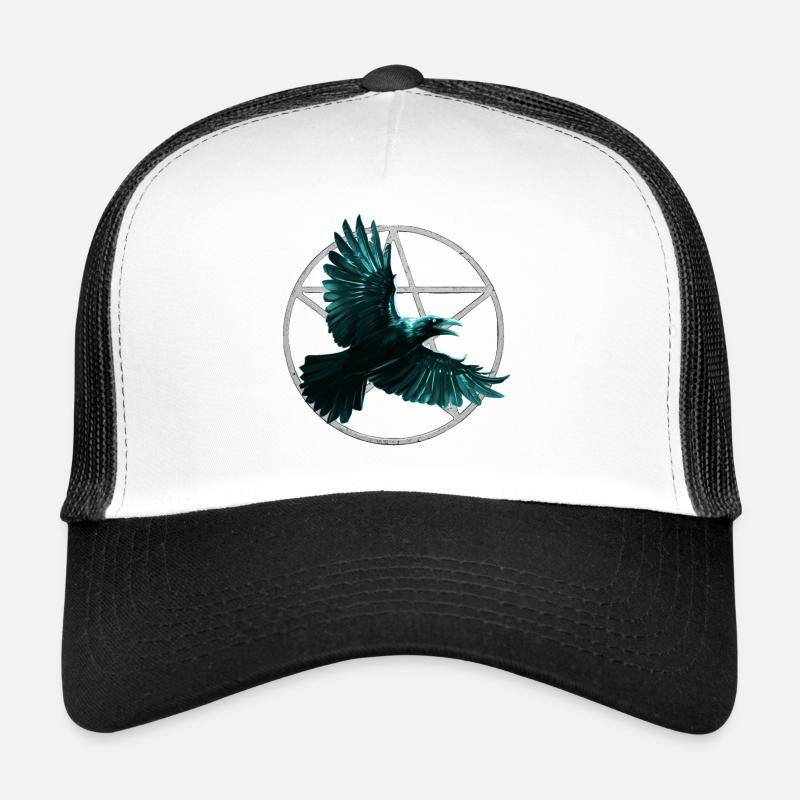 Pentagram Muster und Kolkrabe, Vögel, closing - Trucker Cap - Weiß/Schwarz