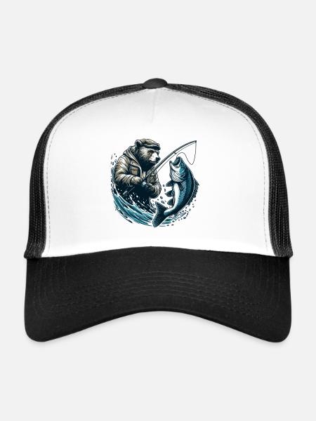 Ours Pêche Pêcheur Poisson Cadeau - Casquette trucker  - blanc/noir - Devant