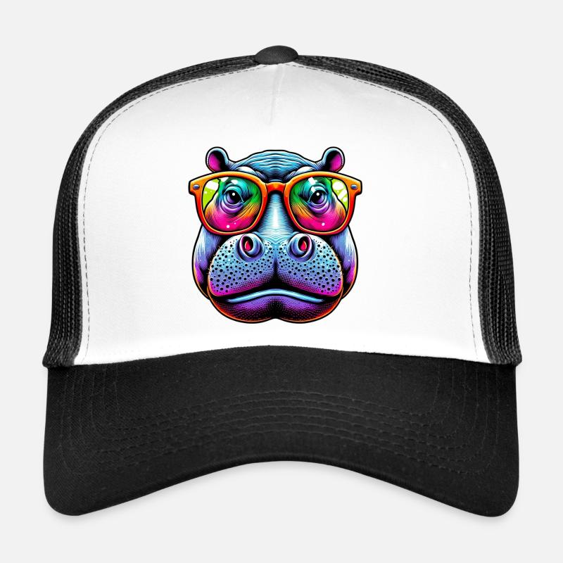 Nilpferd mit Sonnenbrille - Trucker Cap - Weiß/Schwarz
