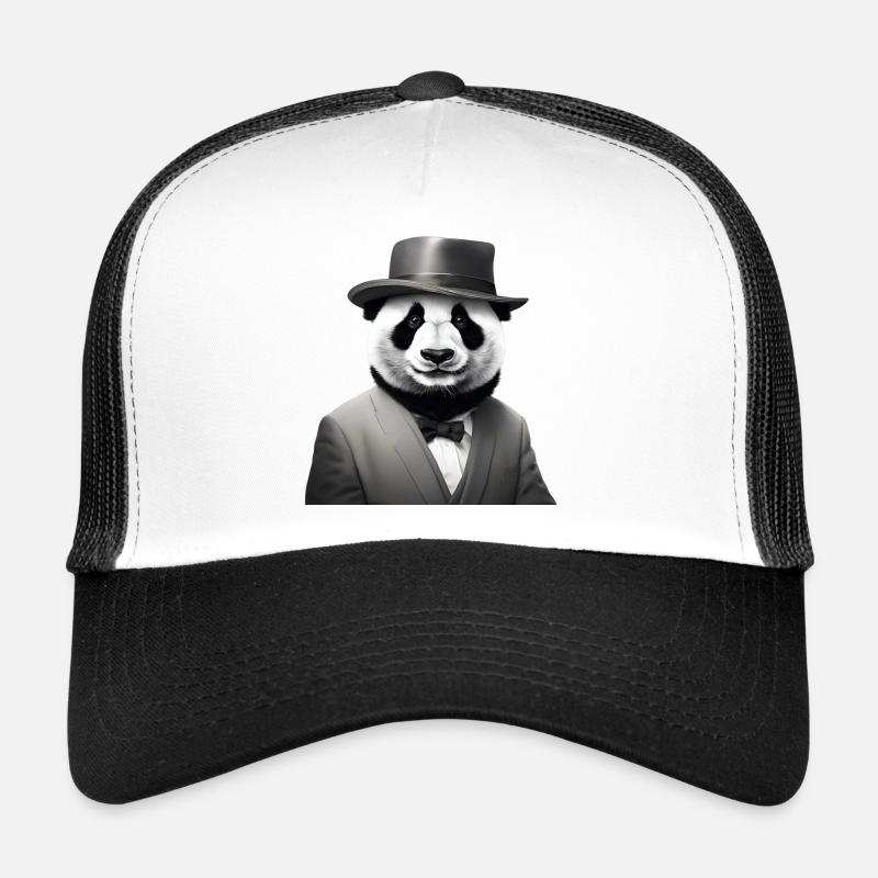 Eleganter Panda im klassischen Smoking und Fedora - Trucker Cap - Weiß/Schwarz