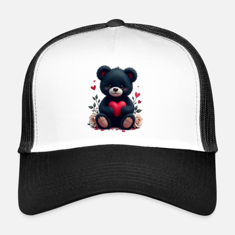 Schwarzer Teddy mit Herz - Trucker Cap - Weiß/Schwarz