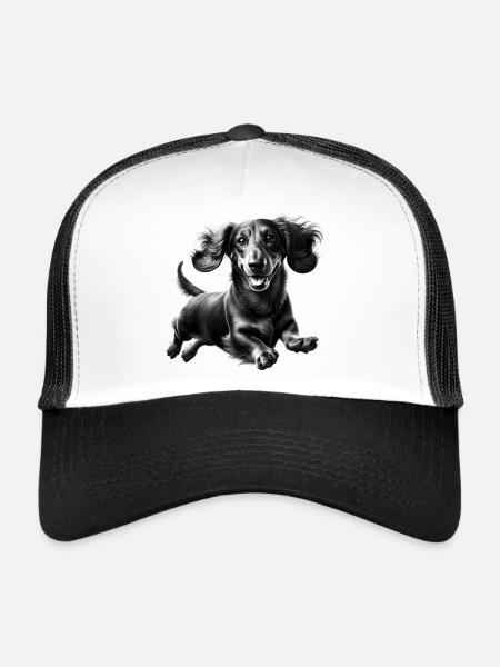 Teckel joyeux en saut - portrait en noir et blanc - Casquette trucker  - blanc/noir - Devant