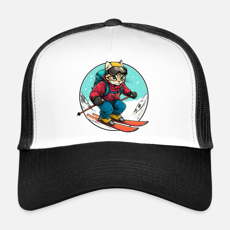 Katzen Ski / Skifahrer Katze - Trucker Cap - Weiß/Schwarz