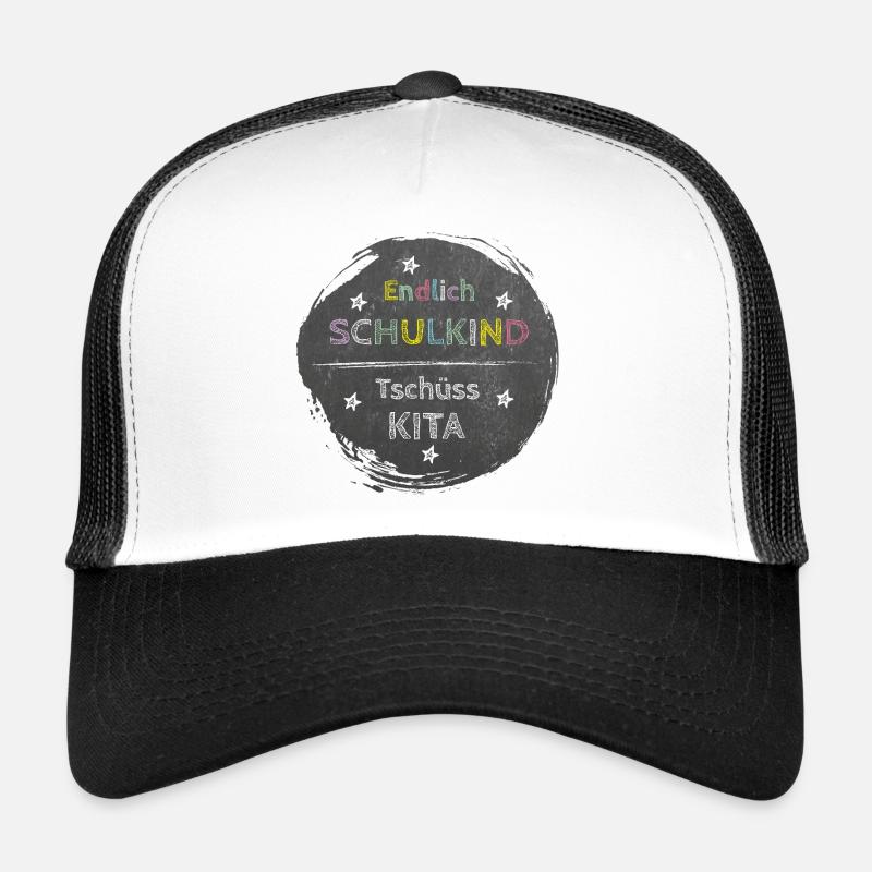 Endlich Schulkind - Tschüss Kita | Tafel Design - Trucker Cap - Weiß/Schwarz